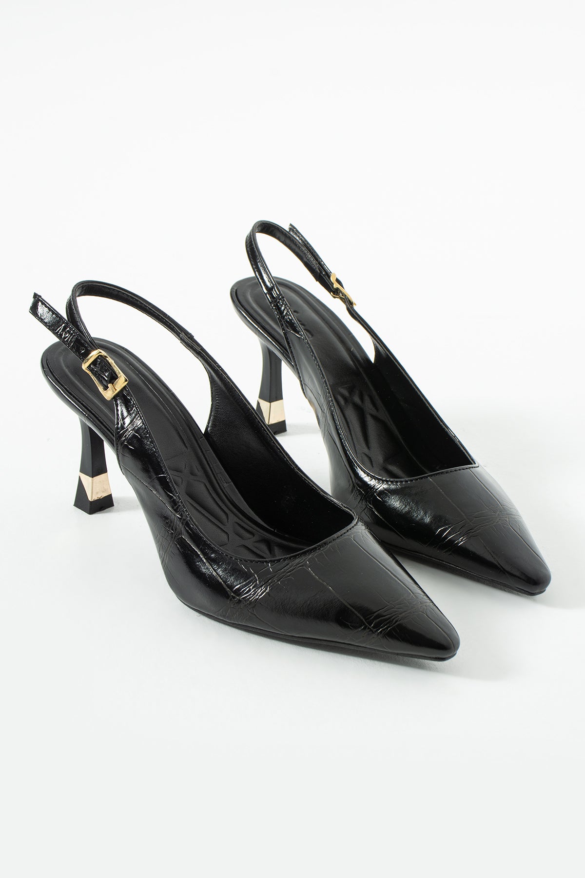 Luna Siyah Kroko Arkası Açık İnce Topuklu Ayakkabı