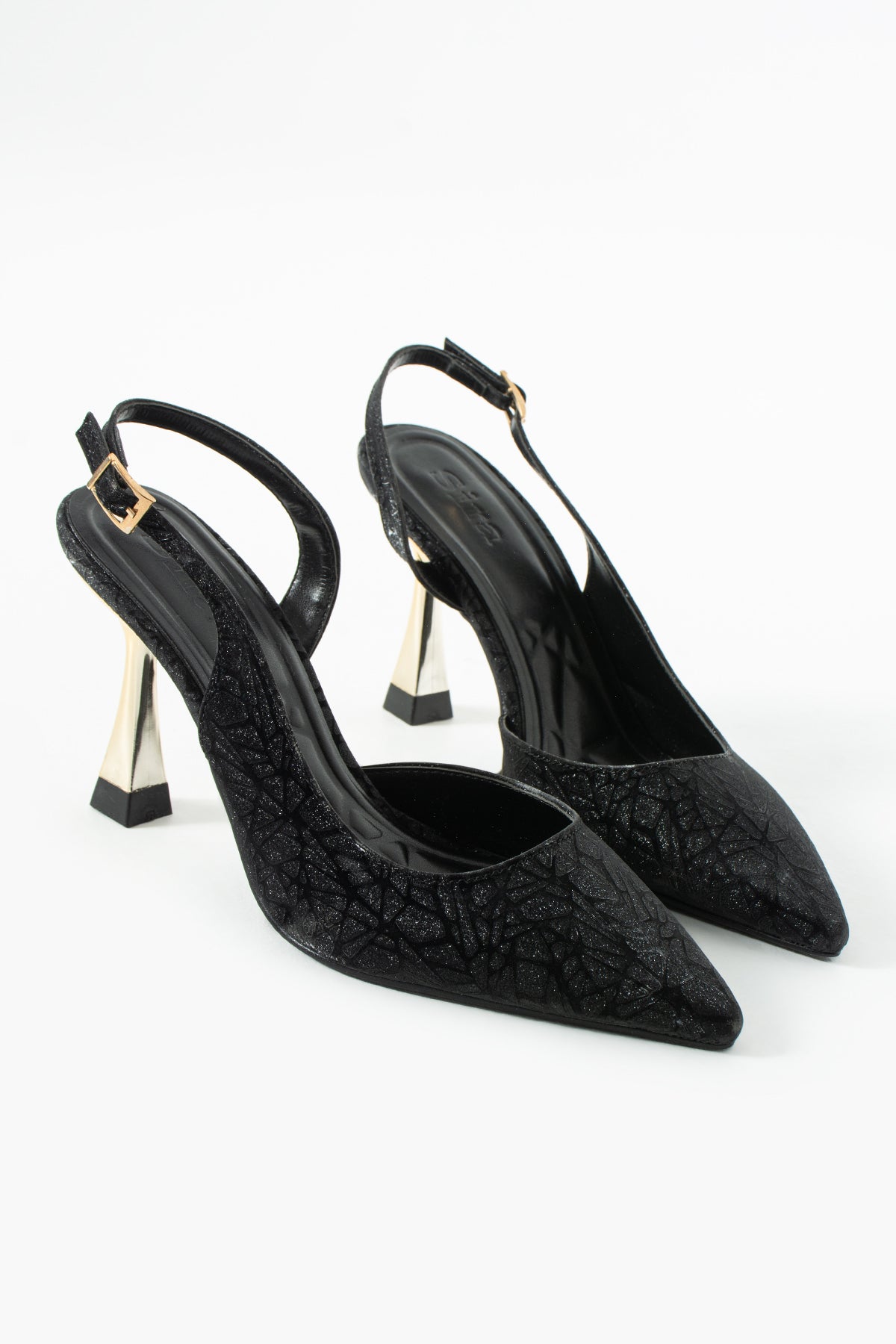 Aura Siyah Desenli Arkası Açık Abiye Topuklu Ayakkabı