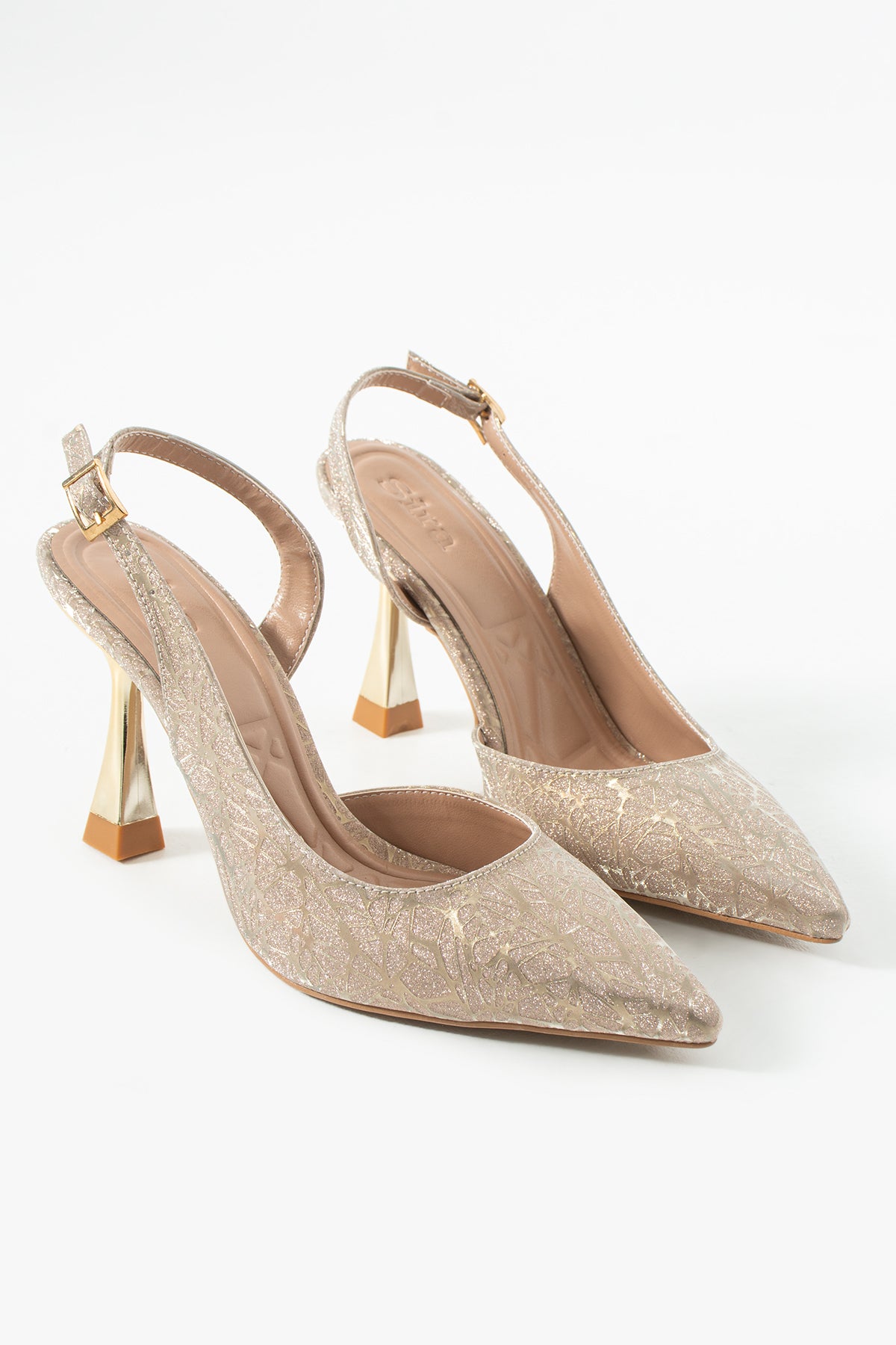 Aura Altın Desenli Arkası Açık Abiye Topuklu Ayakkabı