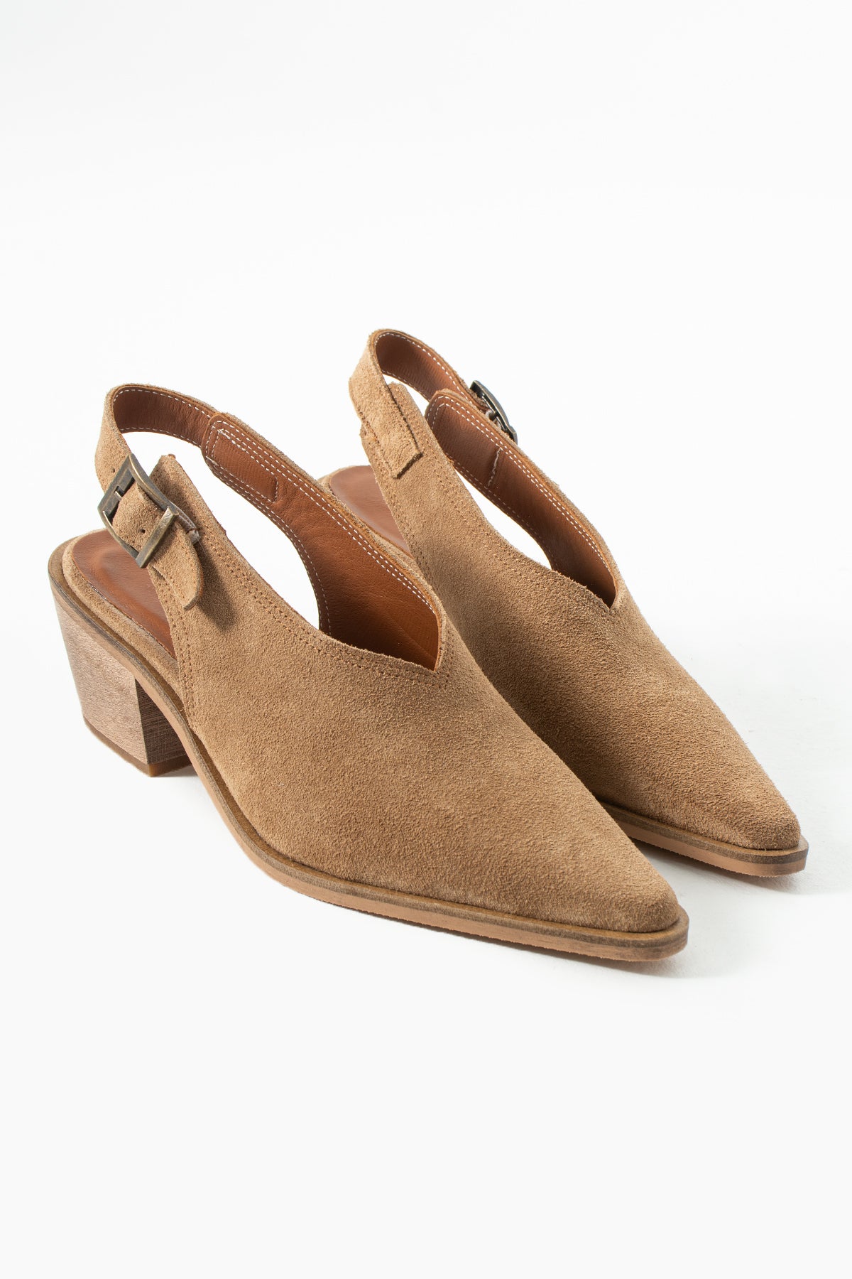 Zelda Vizon Süet Hakiki Deri Sivri Burun Arkası Açık Kalın Topuklu Ayakkabı